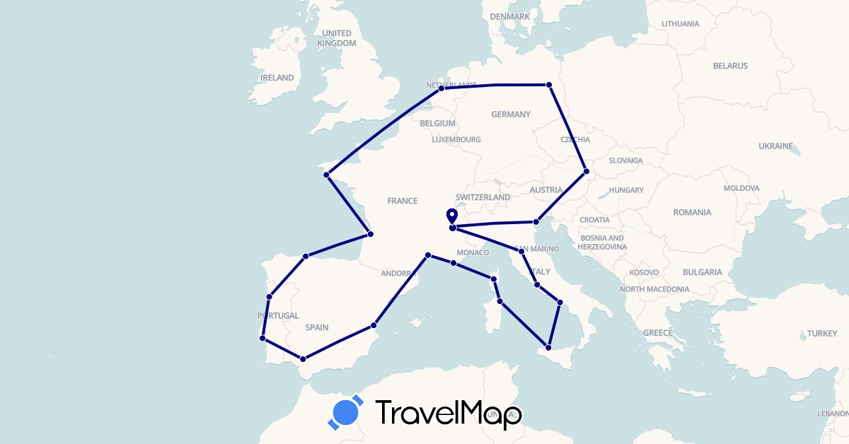 TravelMap itinerary: driving in Austria, Germany, Spain, France, Italy, Netherlands, Portugal (Europe)